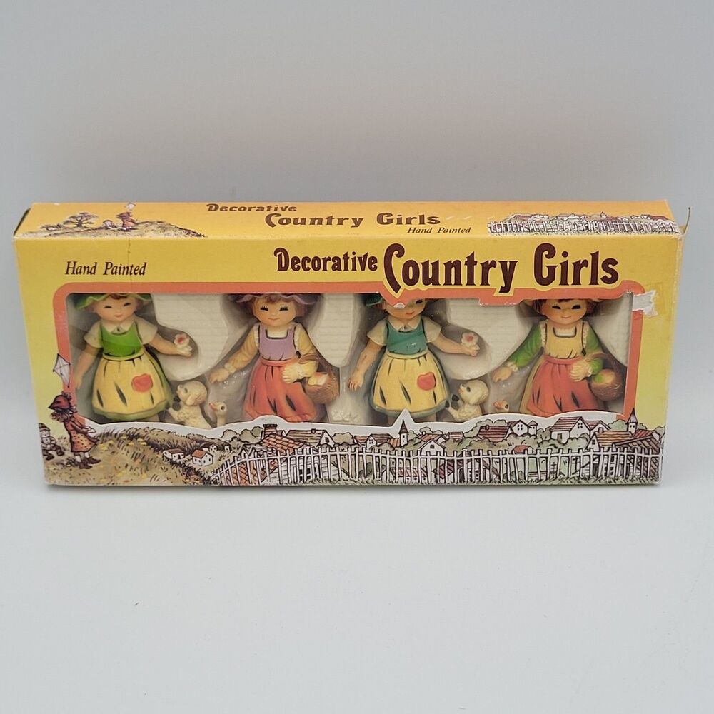 VTG Decorative Country Girls w/ Ducks Lambs Hand Painted Hong Kong Cottagecore